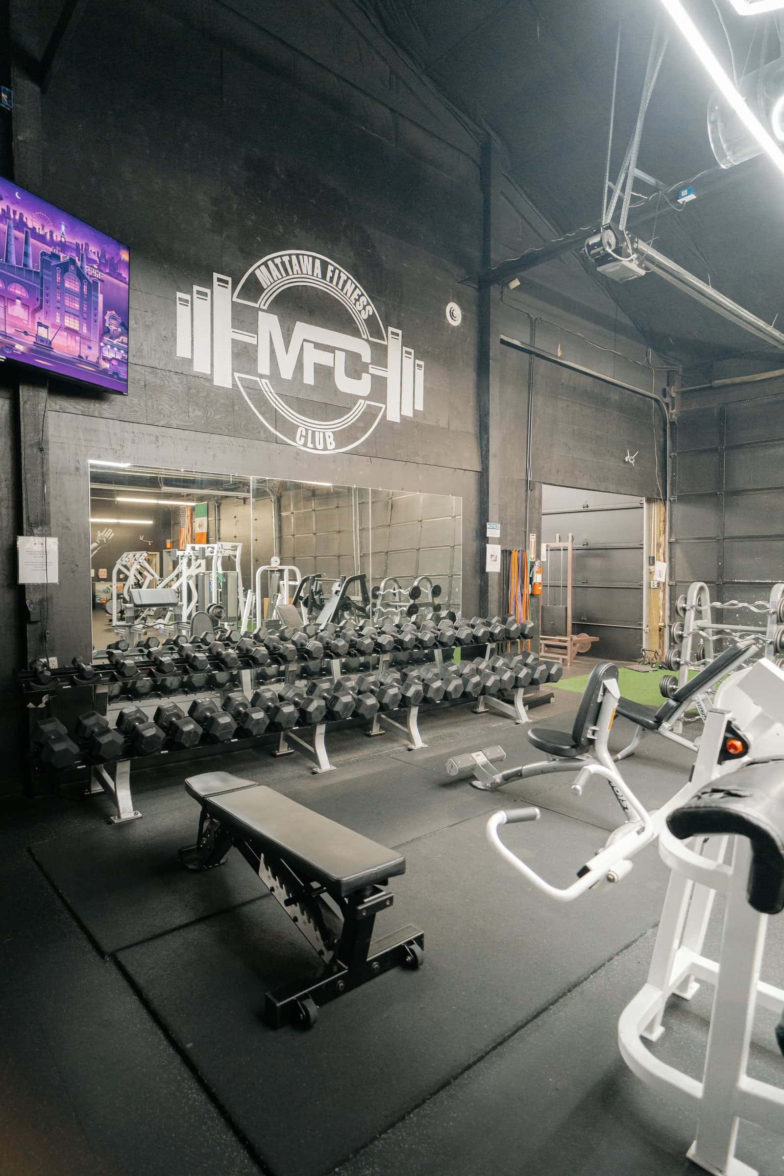 Dumbbell area: dumbbell racks and benches under the MFC logo wall