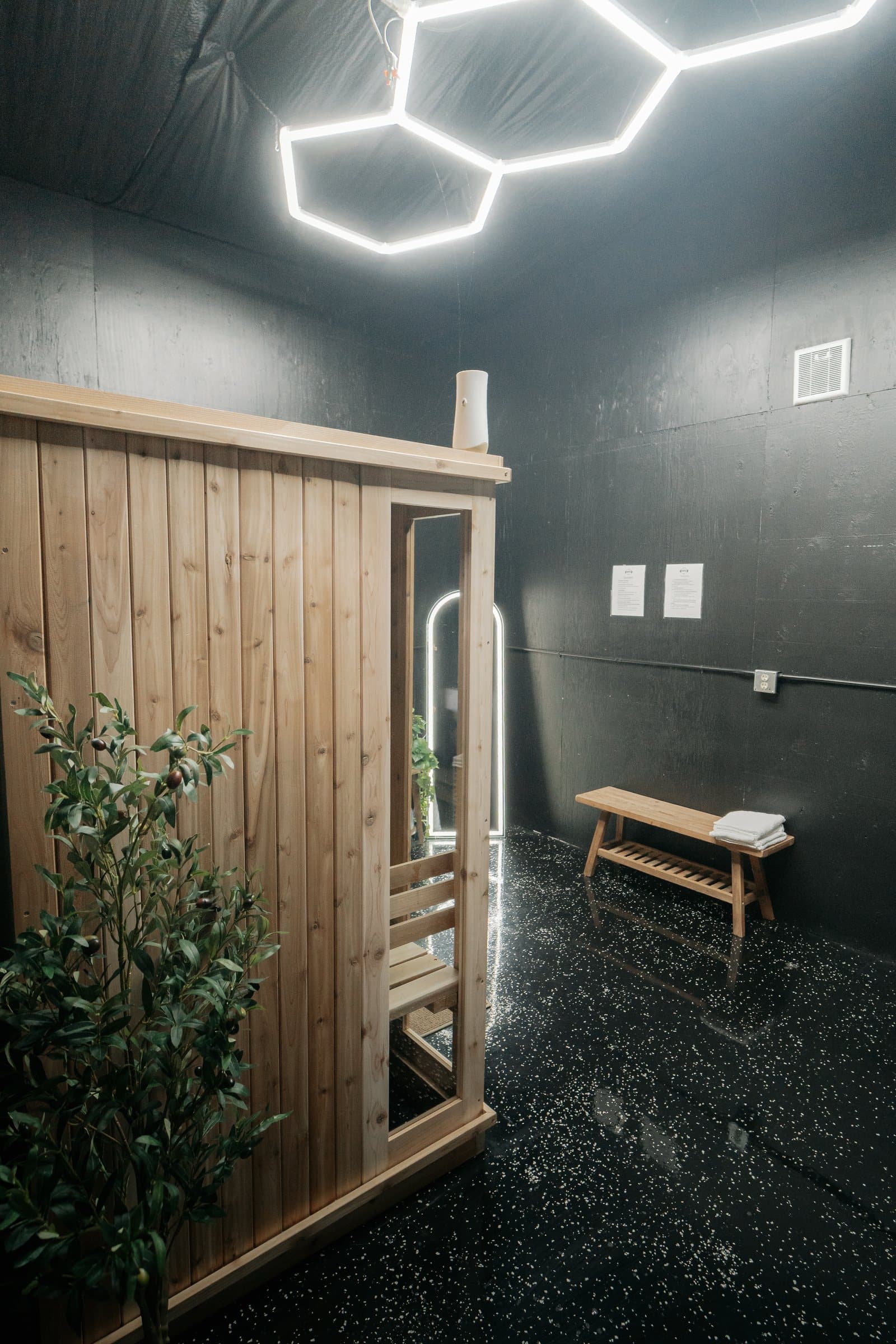 The wooden sauna cabin with a plant and a bench at Mattawa Fitness Club